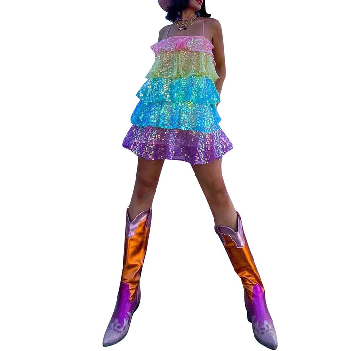 Damen luftiges Sommerkleid mit buntem Paillettenmuster Drune