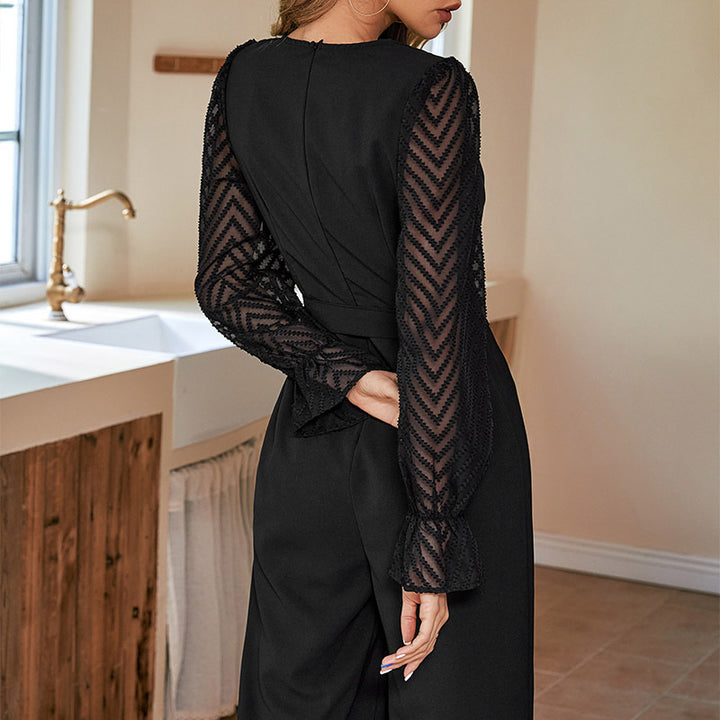 Damen eleganter Jumpsuit mit transparenten Ärmeln und taillierbarem Gürtel Drune