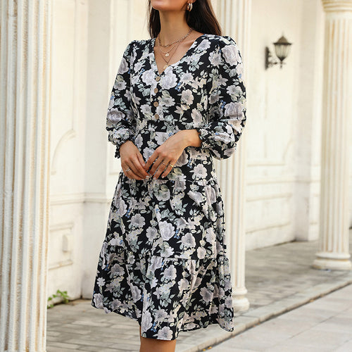 Damen Blumenkleid mit eleganten Rüschendetails und Knopfleiste Drune