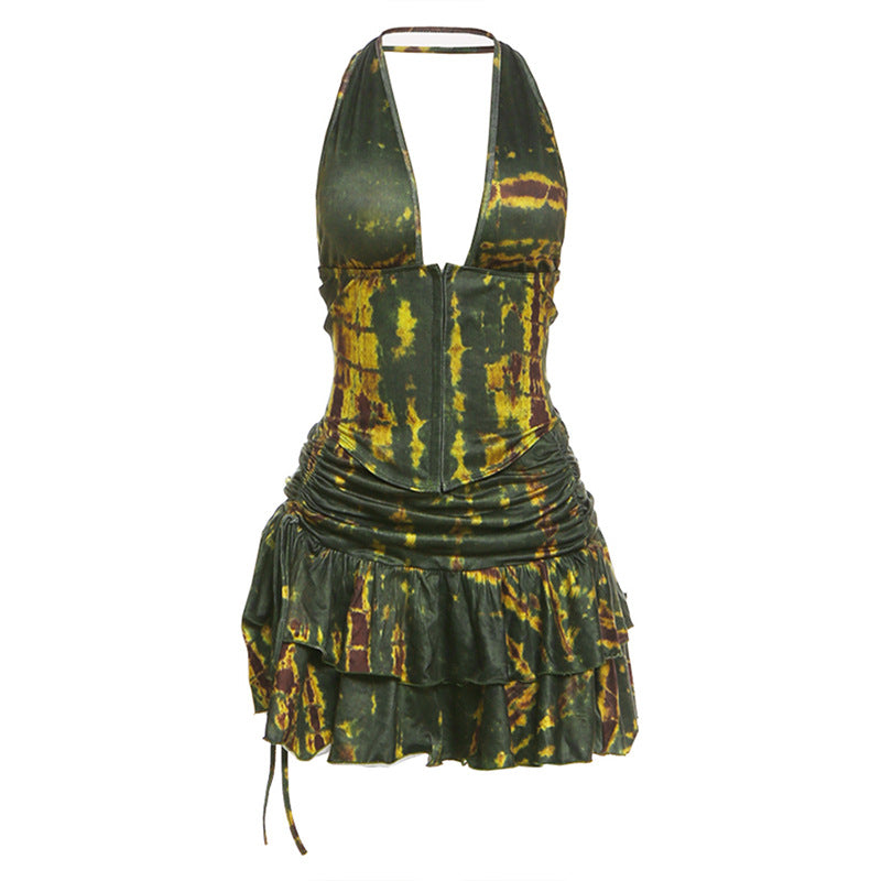 Damen Halterneck Mini-Kleid mit Raffung und verziertem Saum Drune