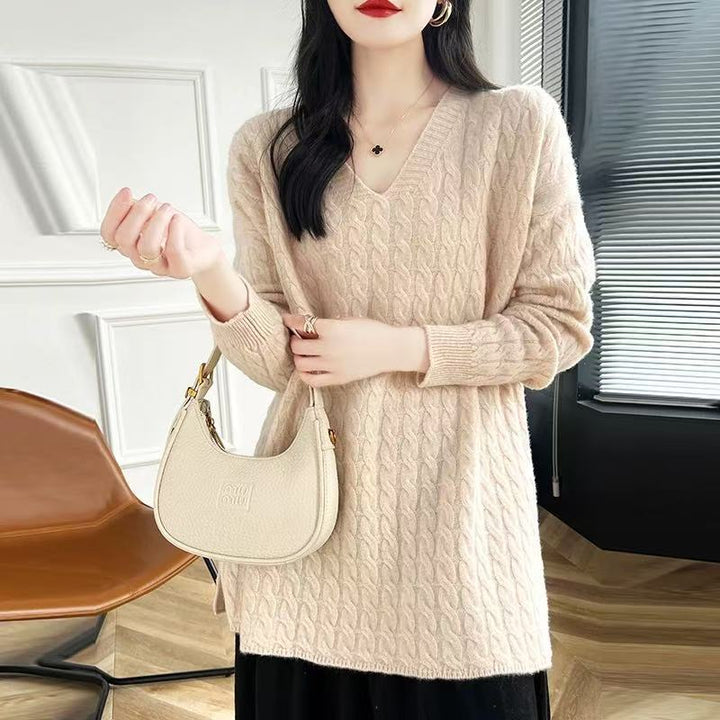 Damen Grobstrickpullover mit V-Ausschnitt und lässigem Schnitt Drune