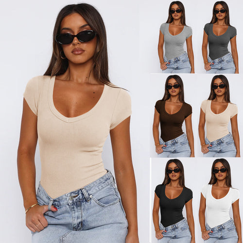 Damen figurbetontes V-Ausschnitt T-Shirt mit kurzen Ärmeln Drune