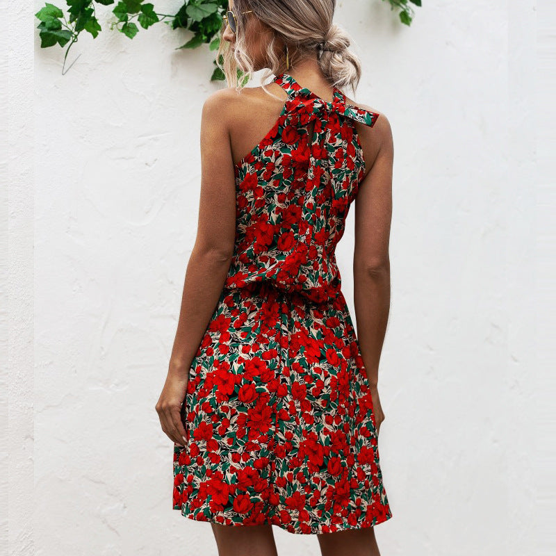 Damen Blumiges Sommerkleid mit hohem Kragen und elastischem Taillenbund Drune