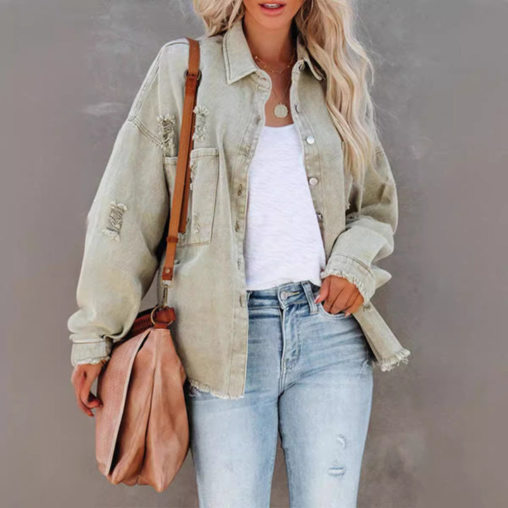 Damen Oversized Jeansjacke im lässigen Vintage-Stil mit fransigen Details Drune