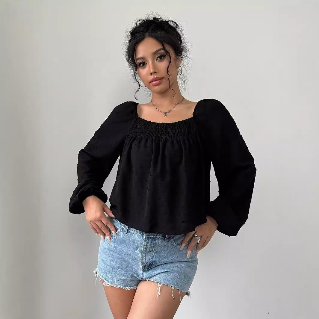 Damen elegante Bluse mit luftigen Puffärmeln und strukturierter Oberfläche Drune