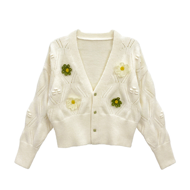 Damen Strickjacke mit floralen Applikationen und elegantem V-Ausschnitt Drune