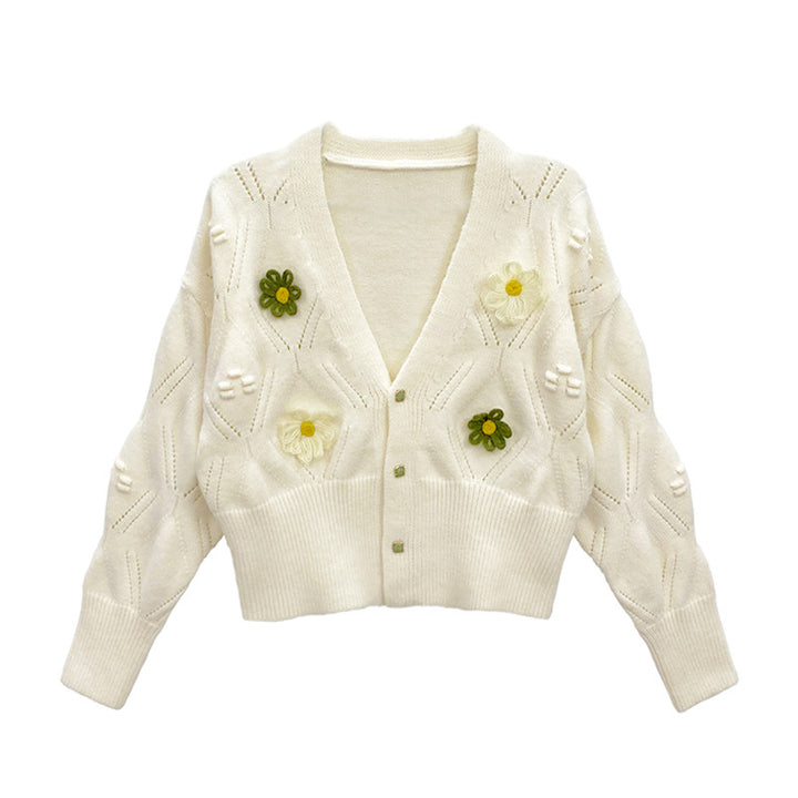 Damen Strickjacke mit floralen Applikationen und elegantem V-Ausschnitt Drune