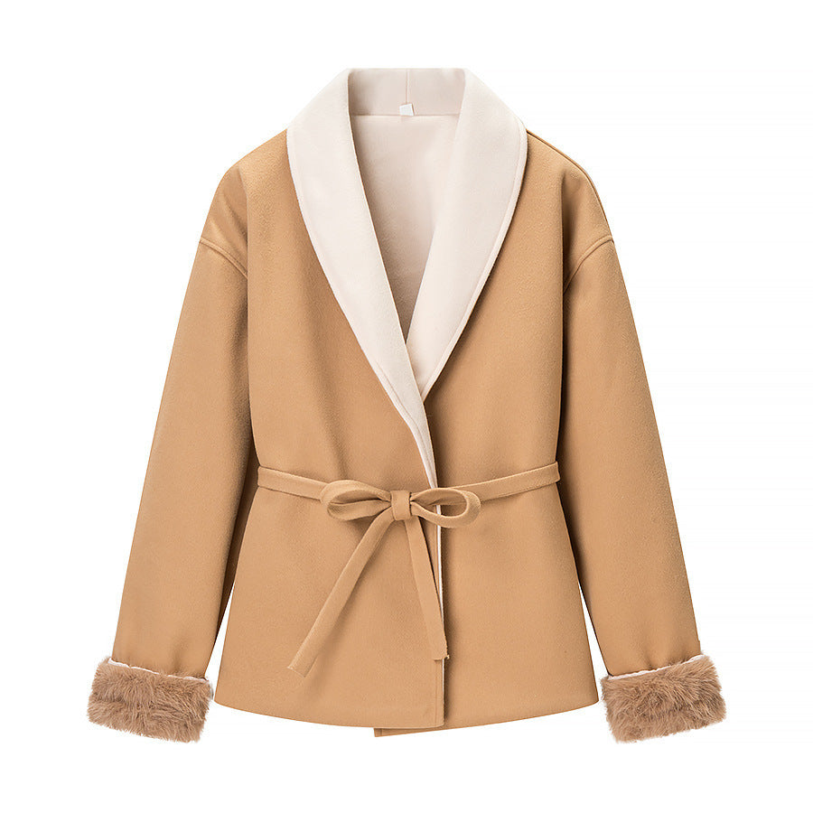 Damen Kuschelige Jacke mit weichem Innenfutter und Taillengürtel Drune
