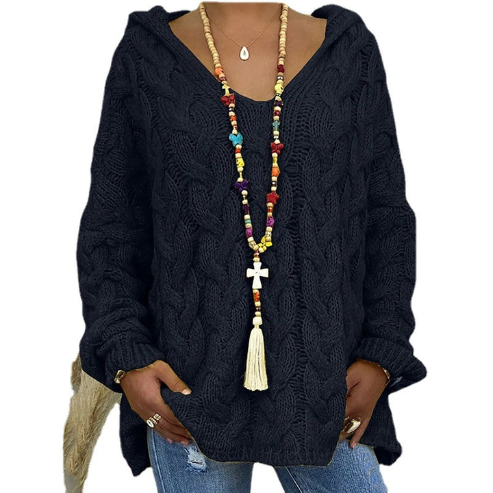 Damen Hoody aus Grobstrick mit V-Ausschnitt und dekorativem Kordelzug Drune