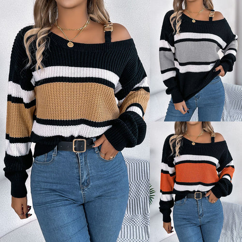 Damen Off-Shoulder Pullover mit Streifendetails und modischem Träger Drune