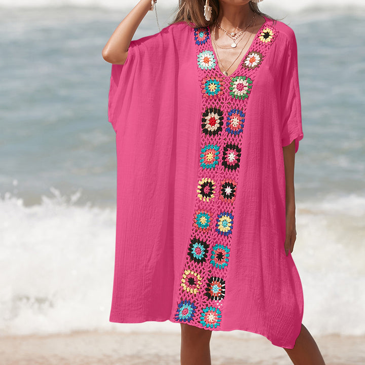 Damen Häkel-Strandtunika im lässigen Oversize-Stil mit bunten Applikationen Drune