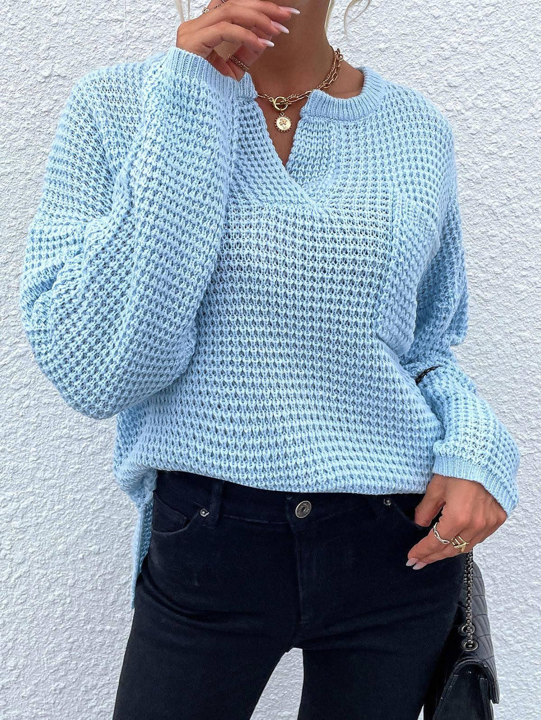 Damen lässiger Strickpullover mit V-Ausschnitt und strukturierter Oberfläche Drune