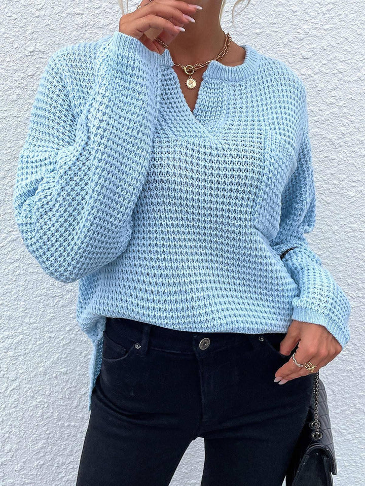 Damen lässiger Strickpullover mit V-Ausschnitt und strukturierter Oberfläche Drune