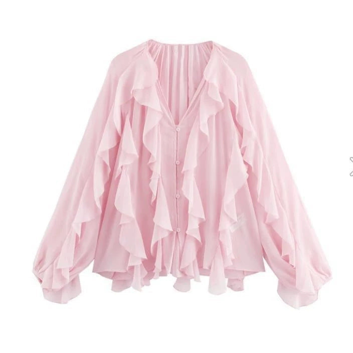 Damen Rüschenbluse mit weitem Schnitt und ballonartigen Ärmeln Drune