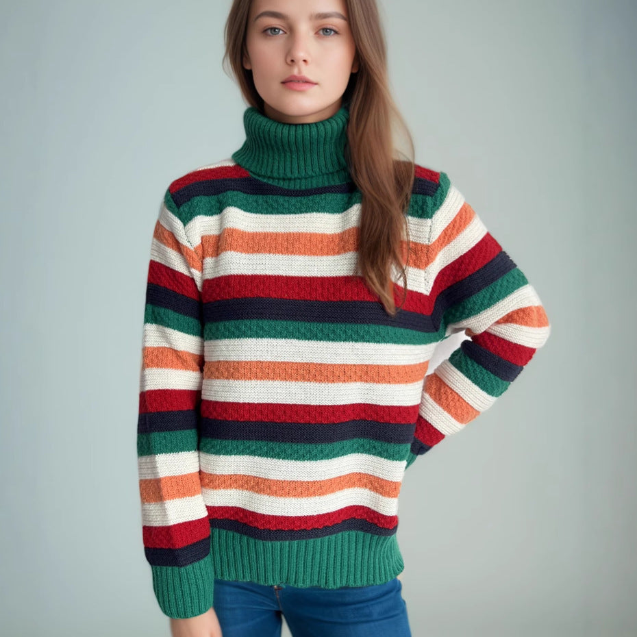 Damen gestreifter Rollkragenpullover mit lässigem Schnitt und weicher Textur Drune