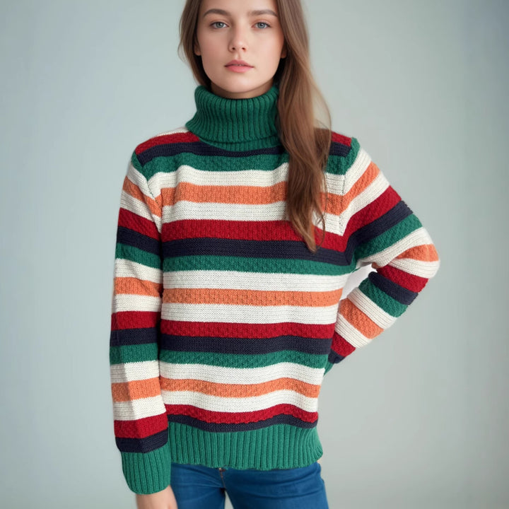 Damen gestreifter Rollkragenpullover mit lässigem Schnitt und weicher Textur Drune
