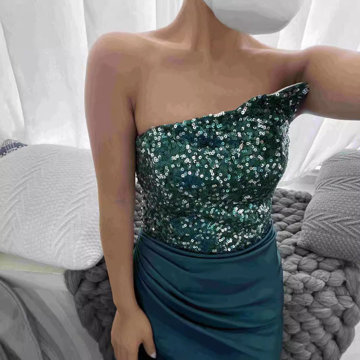 Damen Elegantes Abendkleid mit asymmetrischem Oberteil und hohem Beinschlitz Drune