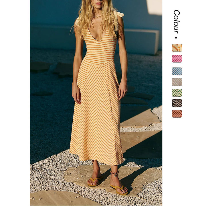 Damen Maxi-Sommerkleid mit verspielten Trägern und elegantem V-Ausschnitt Drune