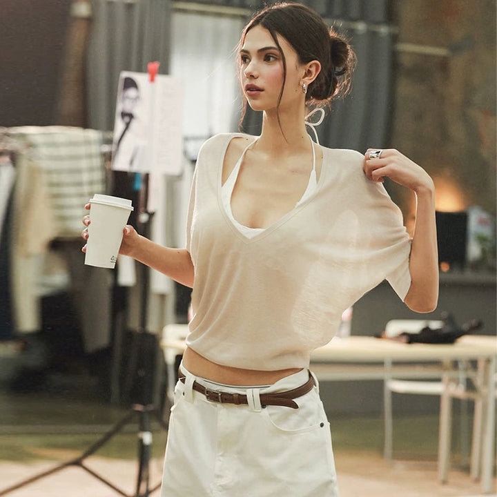 Damen Oversize T-Shirt mit tiefem V-Ausschnitt Drune