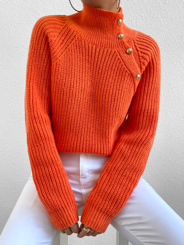 Damen Modischer Strickpullover mit hohem Kragen und Knopfdetail Drune