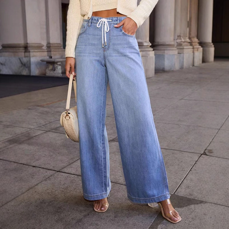Damen Weit geschnittene Denim-Hosen mit elastischem Bund und modernem Kordelzug Drune