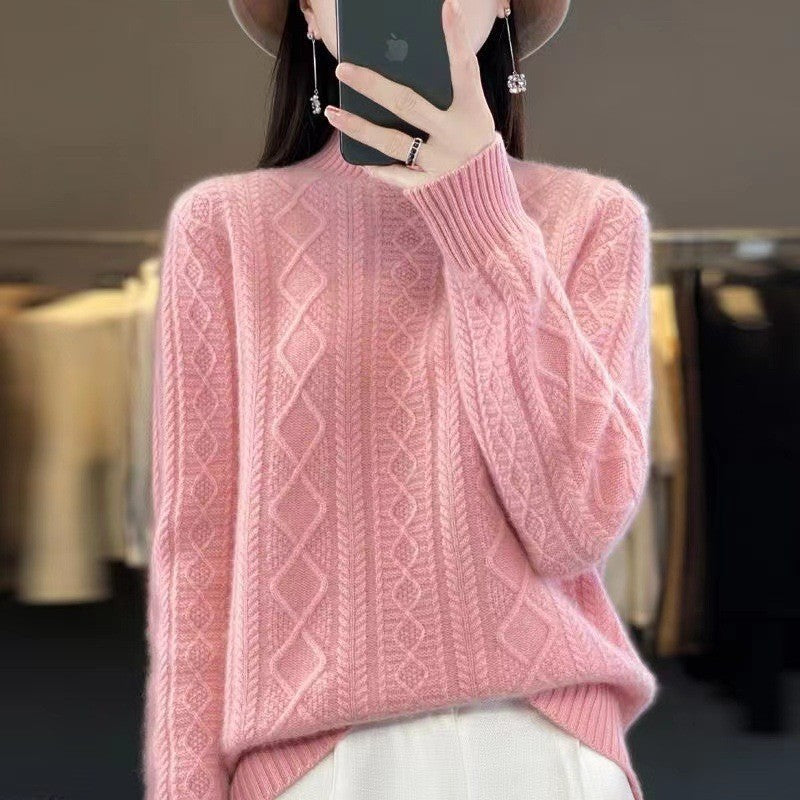 Damen Hochwertiger Strickpullover mit Stehkragen und Zopfdesign Drune