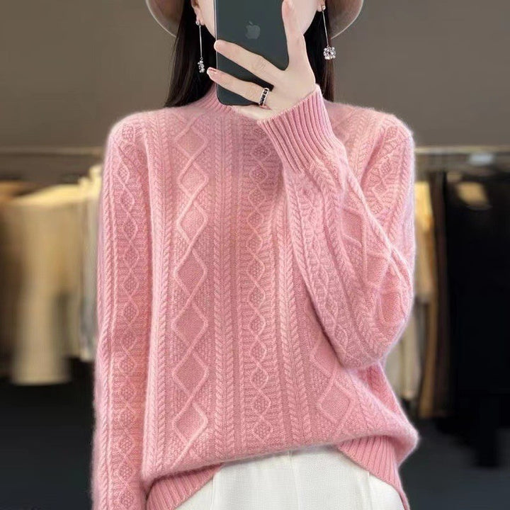 Damen Hochwertiger Strickpullover mit Stehkragen und Zopfdesign Drune