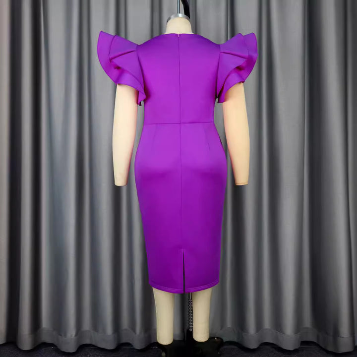 Damen elegantes figurbetontes Kleid mit auffälligen Rüschenärmeln und funkelnden Knöpfen Drune