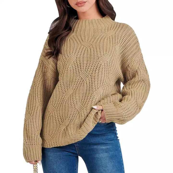 Damen Grobstrickpullover mit extravagantem Wellenmuster und hohem Kragen Drune