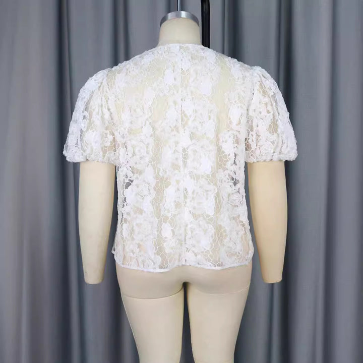Damen Bluse mit romantischen Spitzenärmeln und floralem Muster Drune