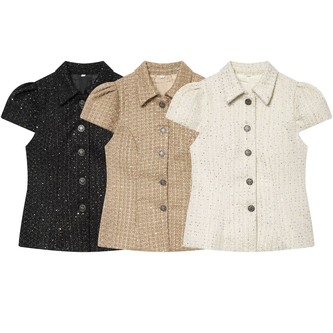 Damen elegante Bluse mit strukturiertem Gewebe und dekorativen Knöpfen Drune