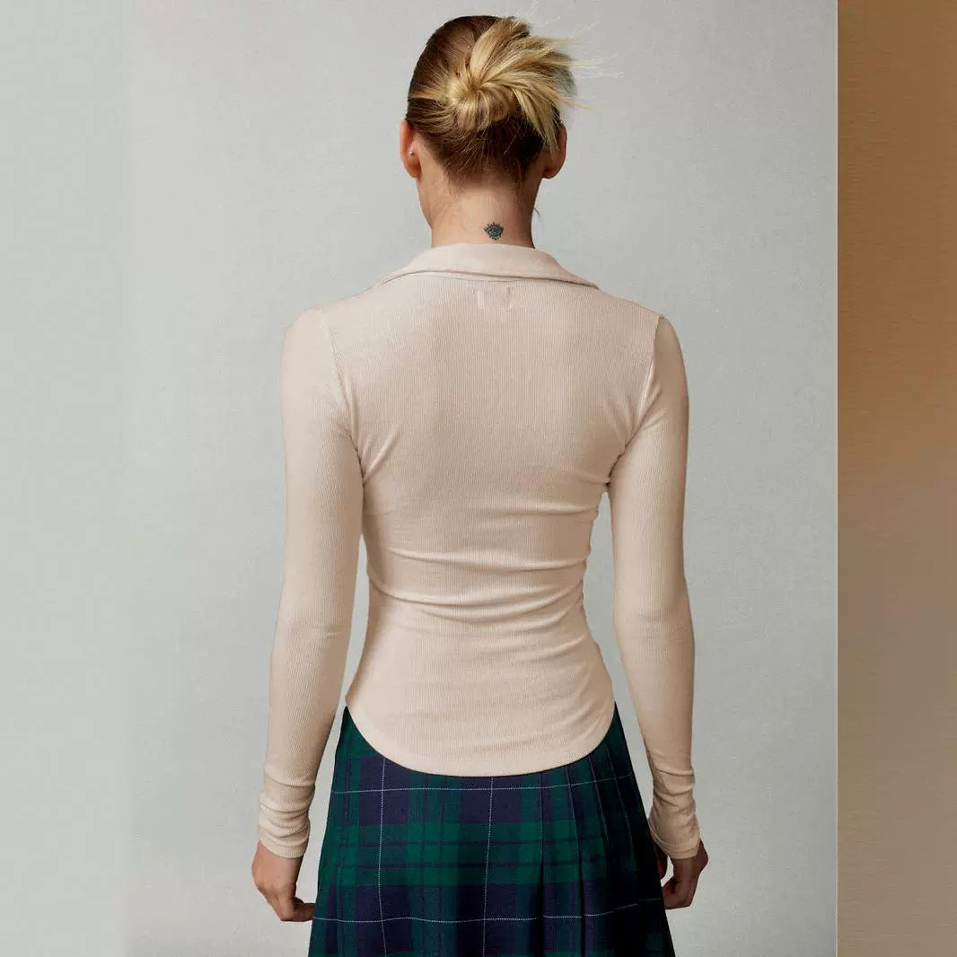 Damen Langarmshirt mit modischem Kragen und Knopfleiste Drune