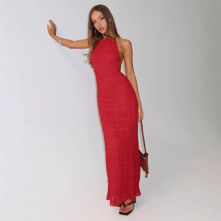 Damen Maxikleid mit schulterfreiem Design und fließenden Rüschen Drune