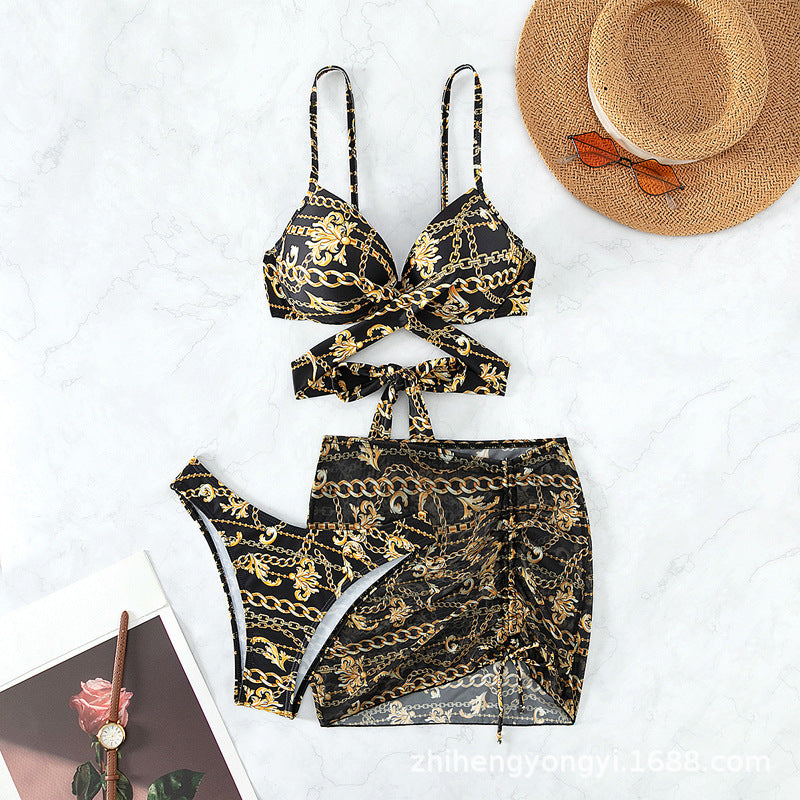 Damen Bikini mit ausgefallenem Kettenmuster und integriertem Rock Drune