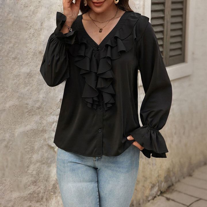 Damen Bluse mit eleganten Rüschendetails und schickem V-Ausschnitt Drune