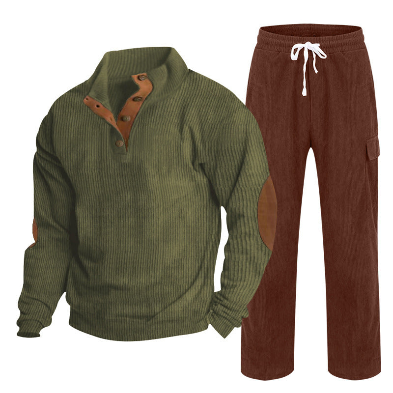 Herren nan Strick-Freizeitset mit Knopfleiste und Ellenbogenaufnähern sowie Cord-Cargohose Drune