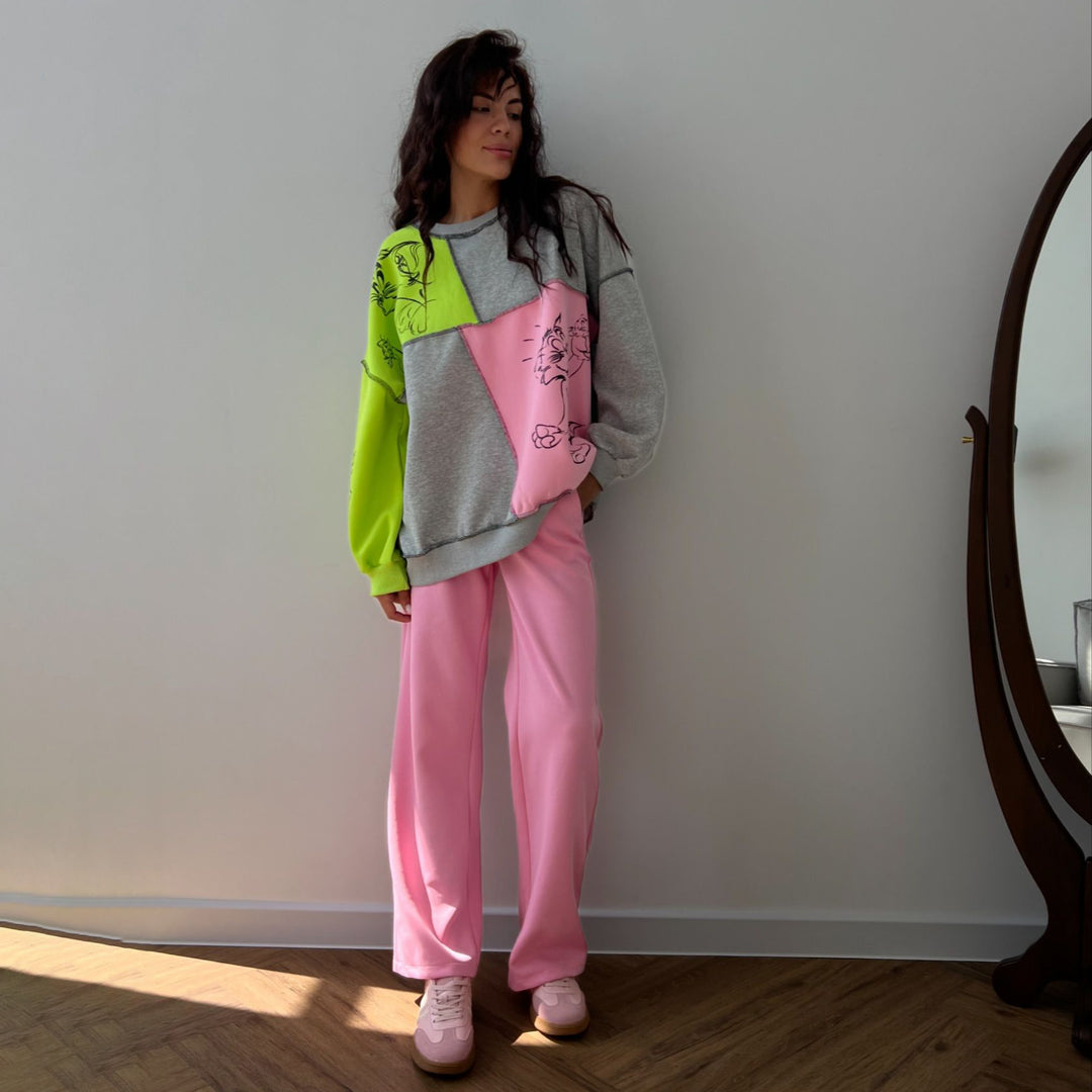 Damen lässiger Sweatshirt mit kreativen Farbblock-Motiven Drune