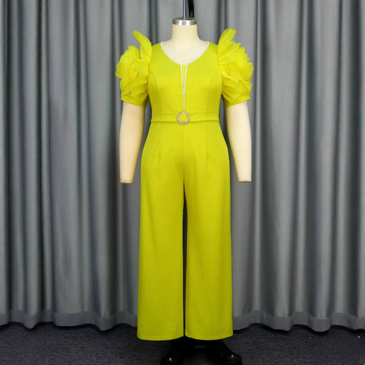 Damen eleganter Jumpsuit mit voluminösen Puffärmeln und Perlenakzent Drune
