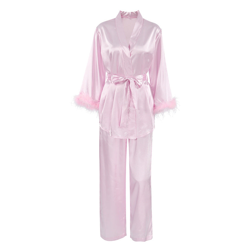 Damen elegantes Satin-Pyjama-Set mit modischen Federdetails Drune