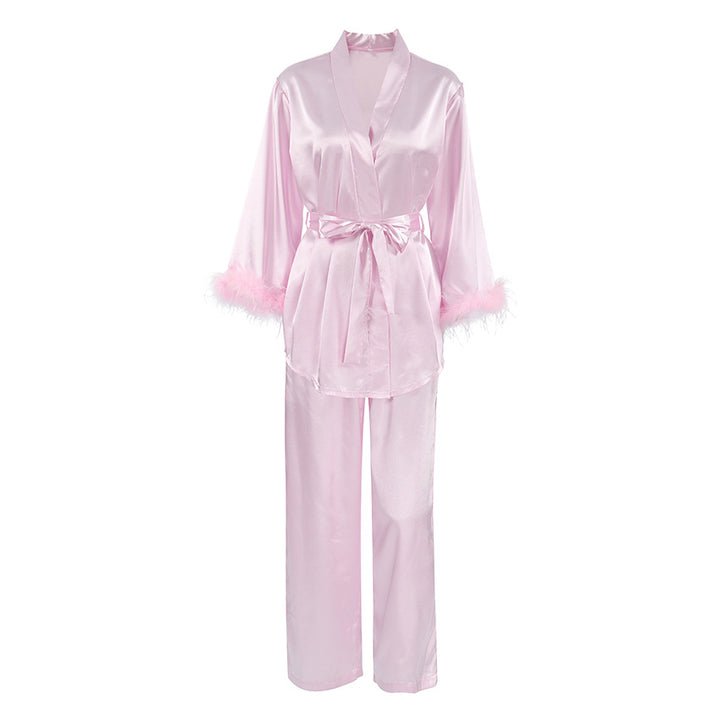 Damen elegantes Satin-Pyjama-Set mit modischen Federdetails Drune