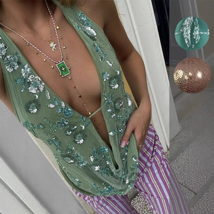 Damen Glitzerndes Spaghetti-Trägeroberteil mit floralen Applikationen und tiefem Ausschnitt Drune