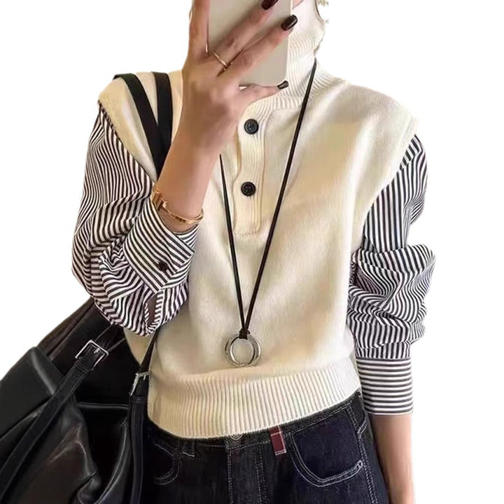 Damen eleganter Pullover mit hohen Kragen und Knopfdetails Drune