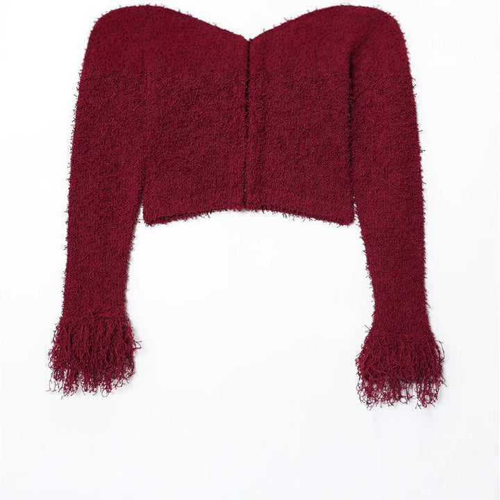 Damen modischer Strickjacke mit fransenärmel und hohem Kragen Drune