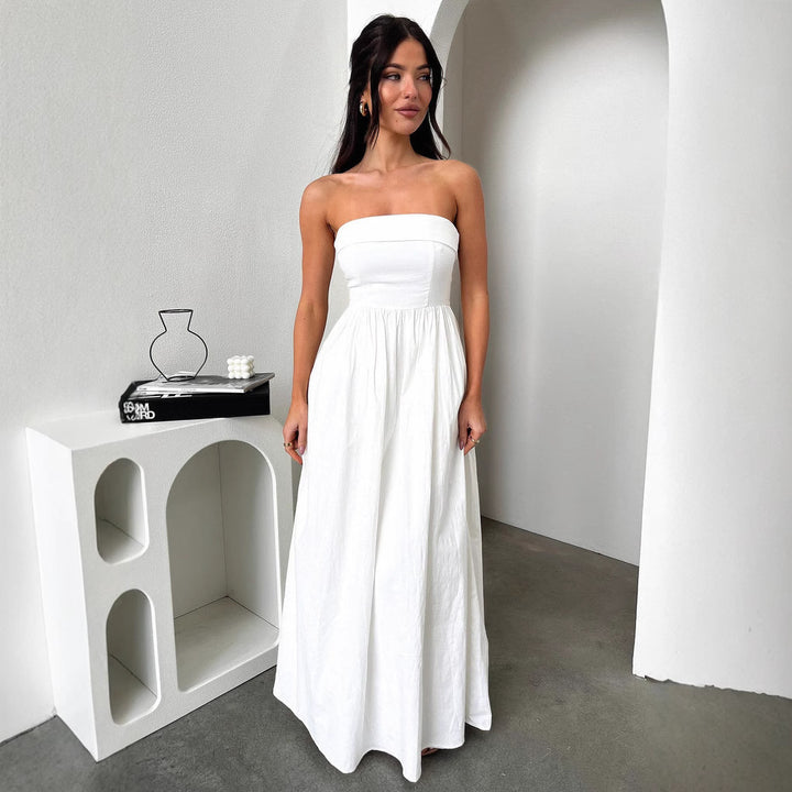 Damen Maxi-Kleid mit figurbetontem Oberteil und fließendem Rock Drune