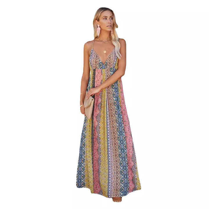 Damen Maxikleid mit einzigartigem Multi-Muster und verstellbaren Spaghettiträgern Drune