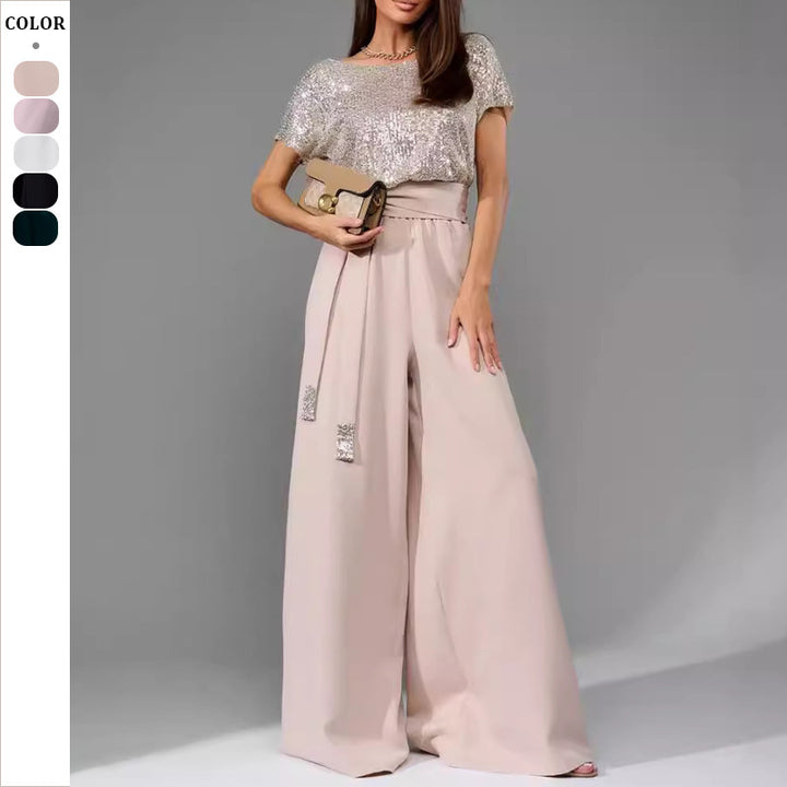 Damen Glamouröser Style-Outfit mit glitzerndem Oberteil und weitem Schnitt Drune