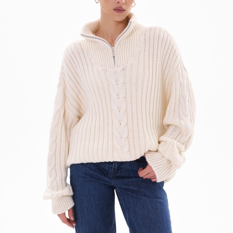 Damen Grobstrickpullover mit Zip-Kragen und Zopf-Design Drune