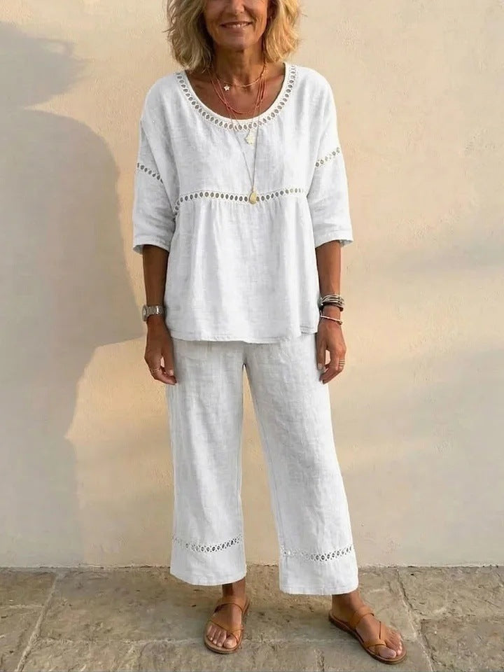 Damen Kompletter Loungewear-Anzug aus Leinen mit luftiger Passform und Spitzenakzenten Drune