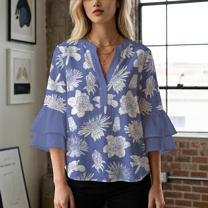 Damen elegantes Blusenshirt mit voluminösen Rüsenärmeln und grafischem Blumendesign Drune