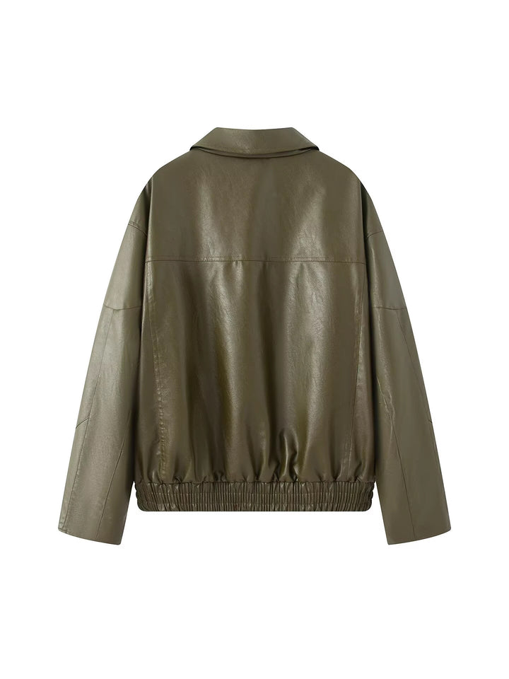 Damen modische Kunstlederjacke mit modernem Stehkragen und elastischem Saum Drune